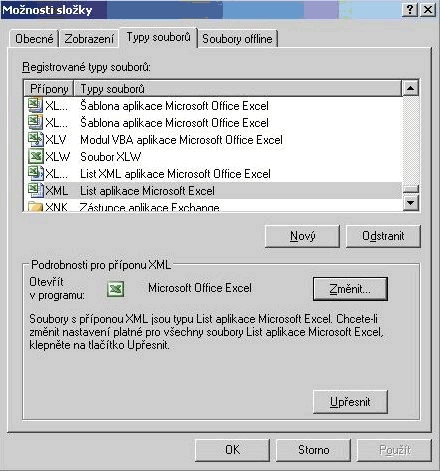 Nastavení otevírání XML souboru Excel dokumentu pro Windows XP